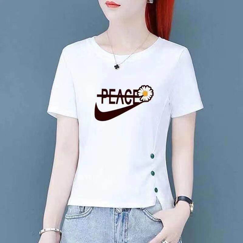 Áo Thun Nữ Tay Ngắn Mùa Hè 2024 Phong Cách Hàn Quốc Dáng Rộng Đa Năng Không Đều Thời Trang Thường Ngày Cổ Tròn in Họa Tiết