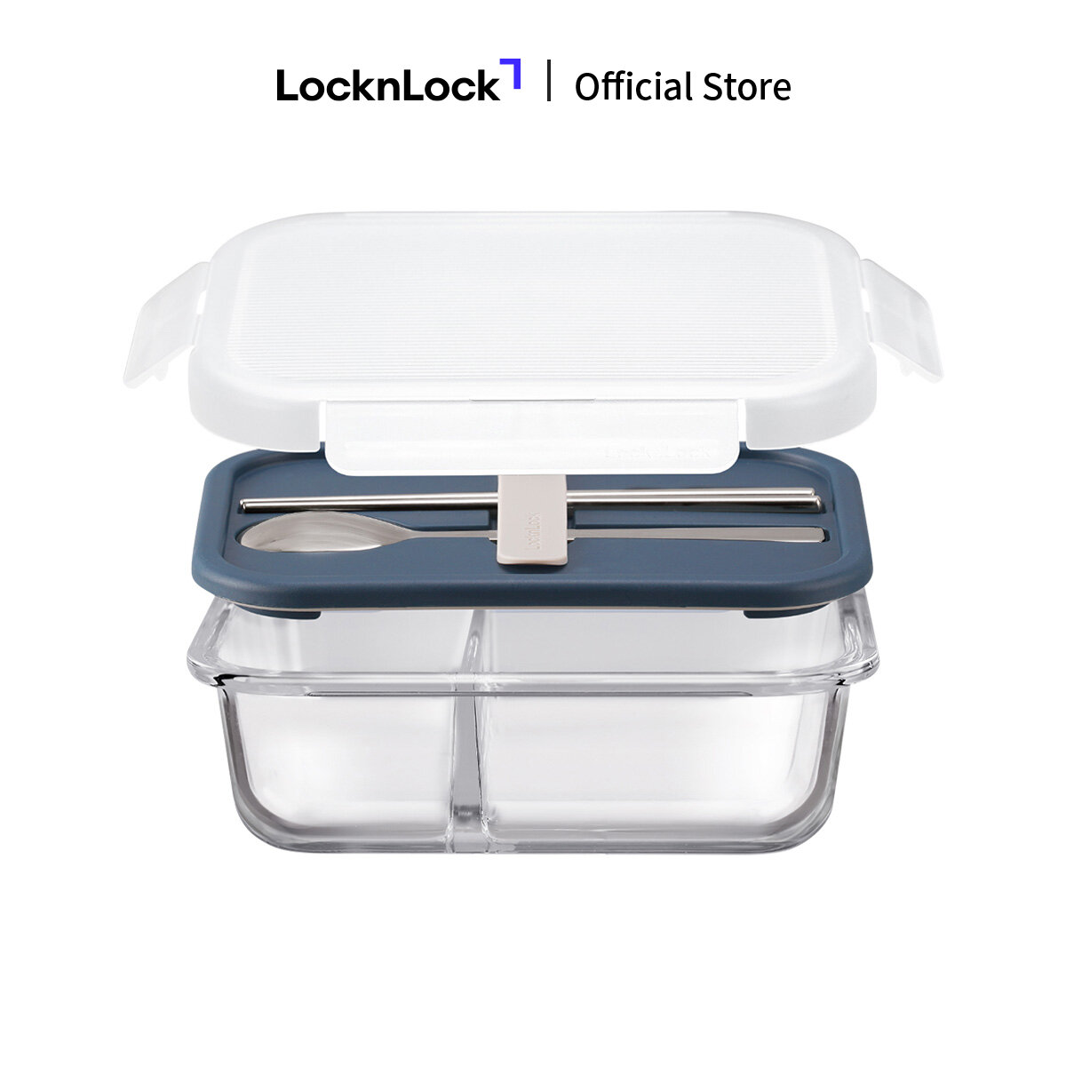 Hộp cơm thủy tinh LockLock kèm muỗng đũa 930ml - LLG991CL - Chia 2 ngăn - Dùng trong lò vi sóng - Màu Xanh/Hồng