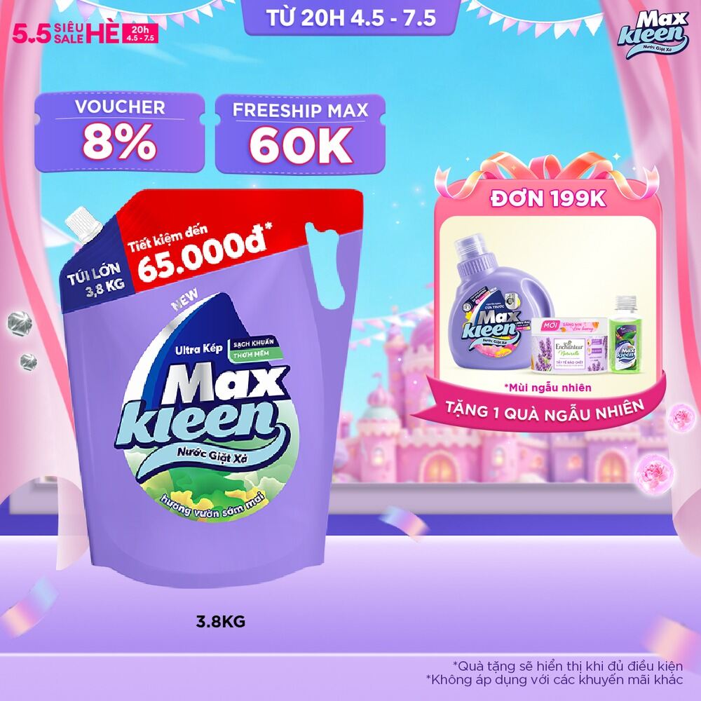 Túi Nước Giặt Xả MaxKleen 3.8kg/ 3.6kg (Huyền Diệu/ Hoa Nắng/ Vườn Sớm Mai/ Thiên Nhiên)