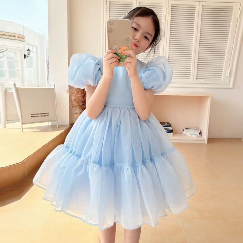 Mùa hè Màu Trơn Phồng Váy Sinh Nhật Cho Bé Váy Đầm Bé Gái 1-12 Tuổi Cổ Tròn Cotton Lưới Bánh Tay Giữ