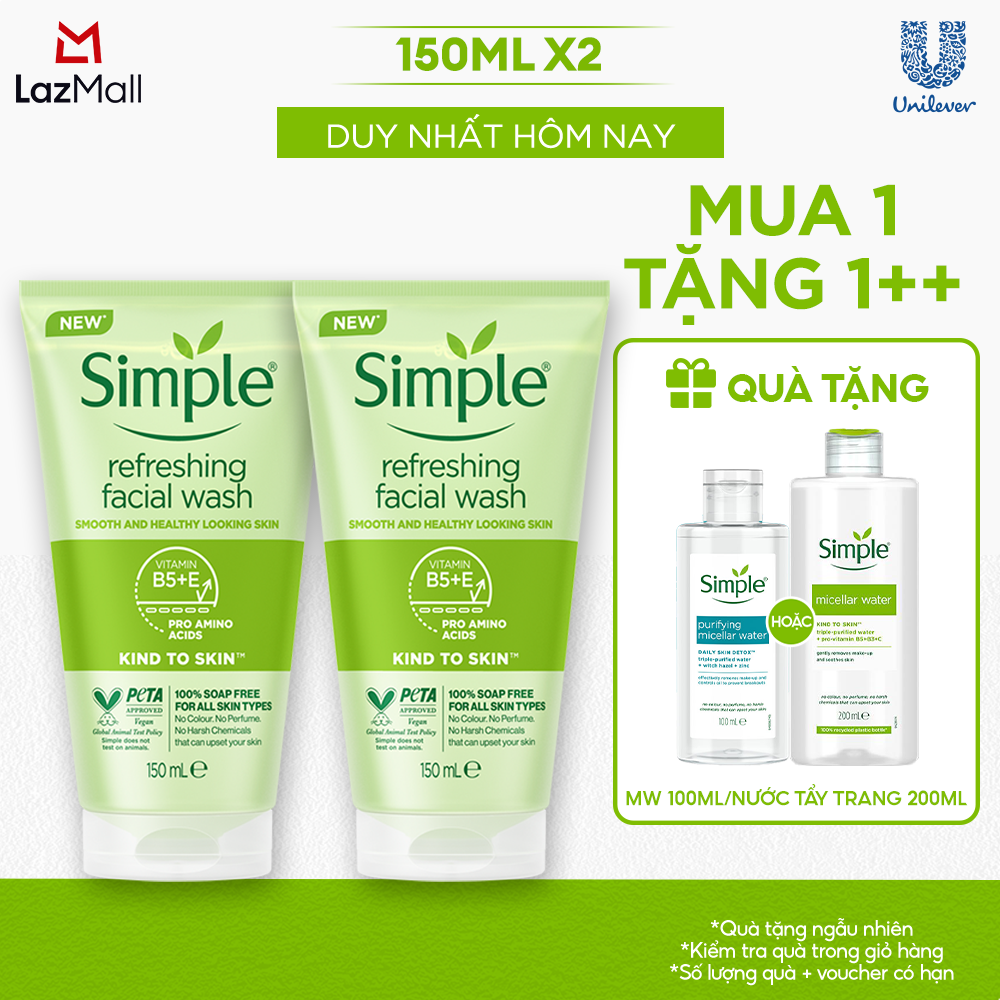 Combo 2 Sữa rửa mặt Simple lành tính sạch thoáng - cho da nhạy cảm 150ml/chai [CHÍNH HÃNG ĐỘC QUYỀN] [DIỆN MẠO MỚI]