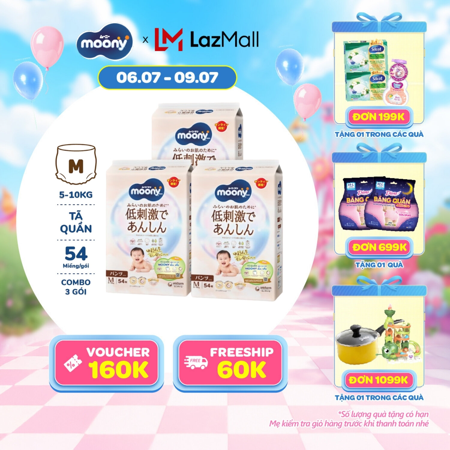 [SALE CUỐI THÁNG QUÀ SLCH] [Gói Jumbo - Mới] Combo 3 tã quần Moony dịu nhẹ M54 miếng - Nhập khẩu từ Nhật Bản