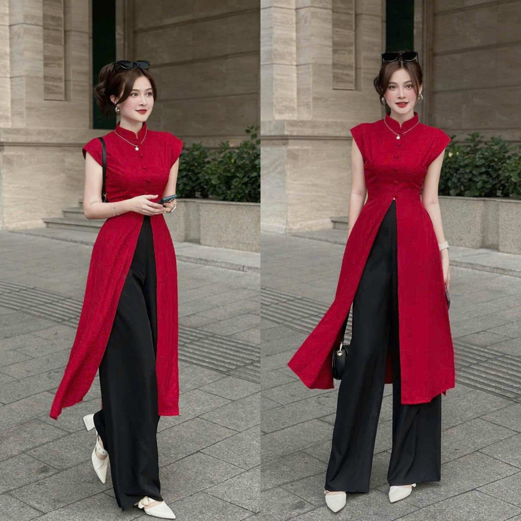 Set áo đỏ kiểu hoa xẻ tà mix quần đen thanh lịch