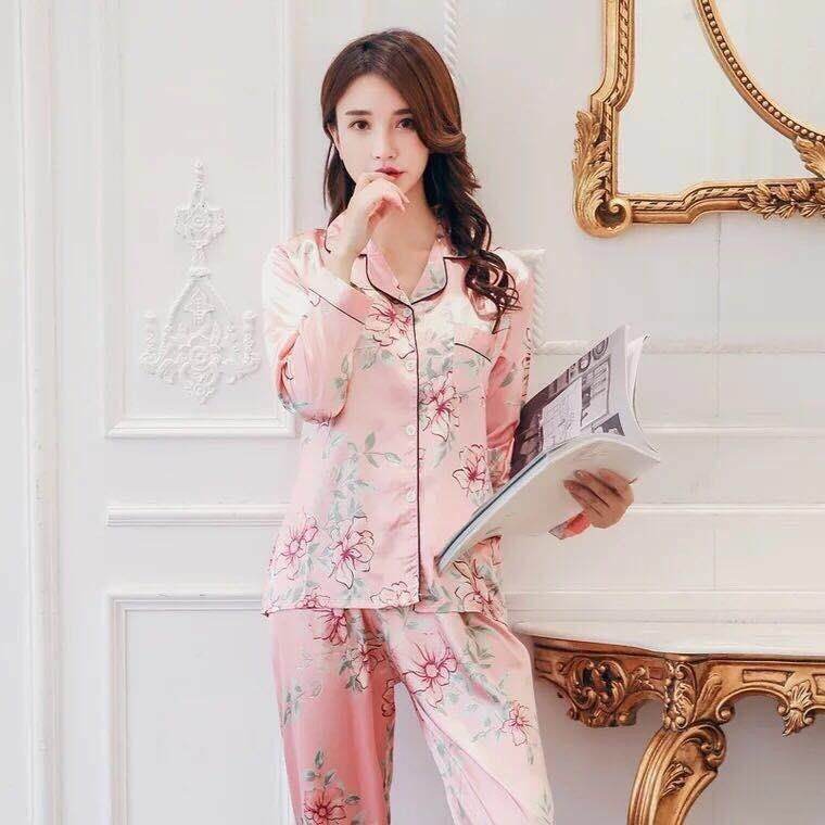 Pizama nữ lụa tay dài quần dài/pizama nữ lụa quảng châu có viền