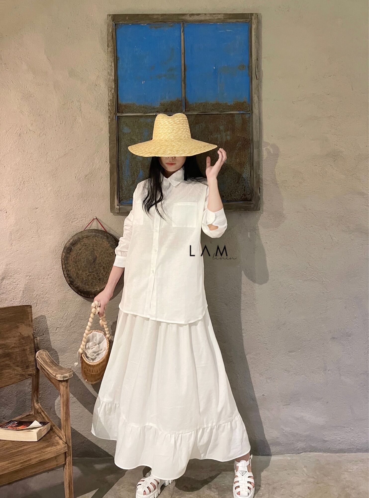 Set gồm Áo sơ mi và chân váy maxi vải Linen