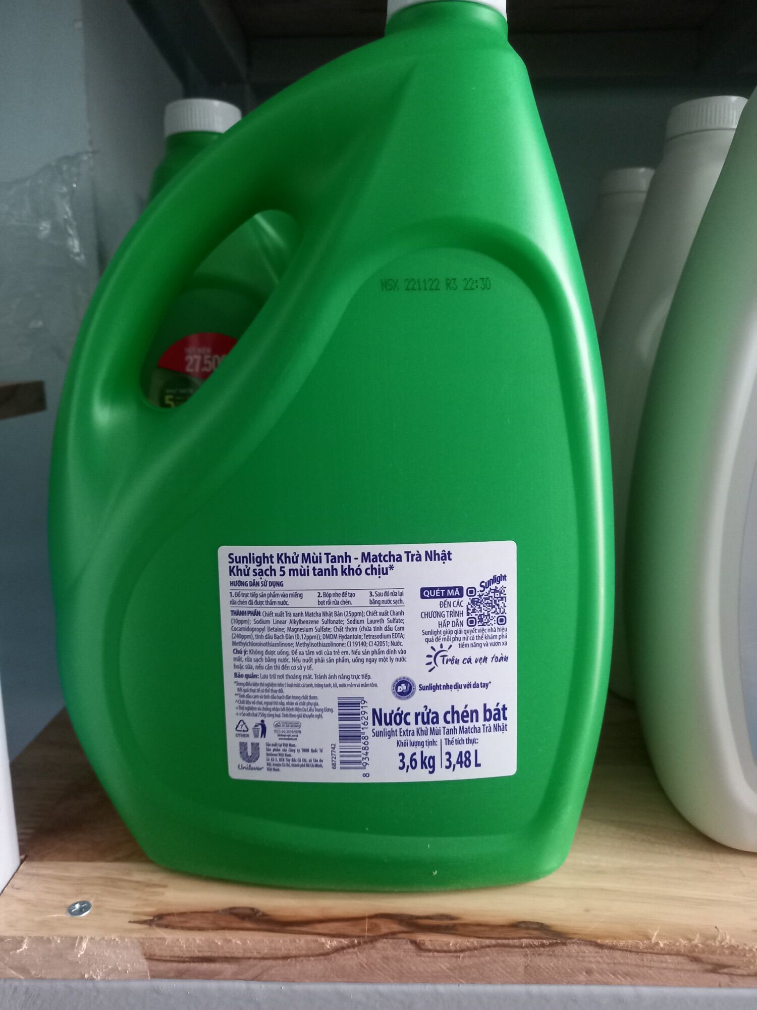 Nước rửa chén Sunlight màu xanh Matcha trà Nhật 3,6kg (3,48L)