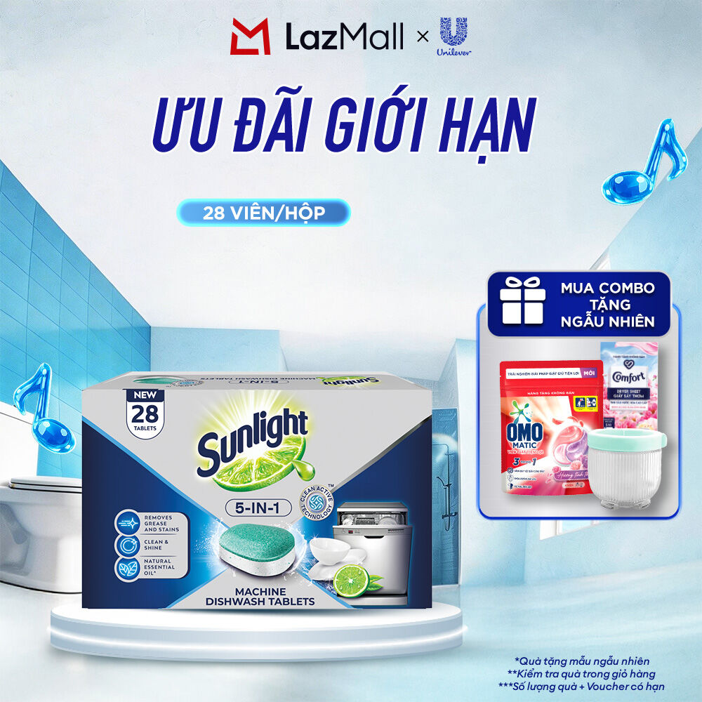 (Livestream) - Hộp Viên Rửa Chén Bát SUNLIGHT 5 in 1 Cho Máy Rửa Chén Bát (28 viên/hộp) (bao bì tùy lô nhập hàng)