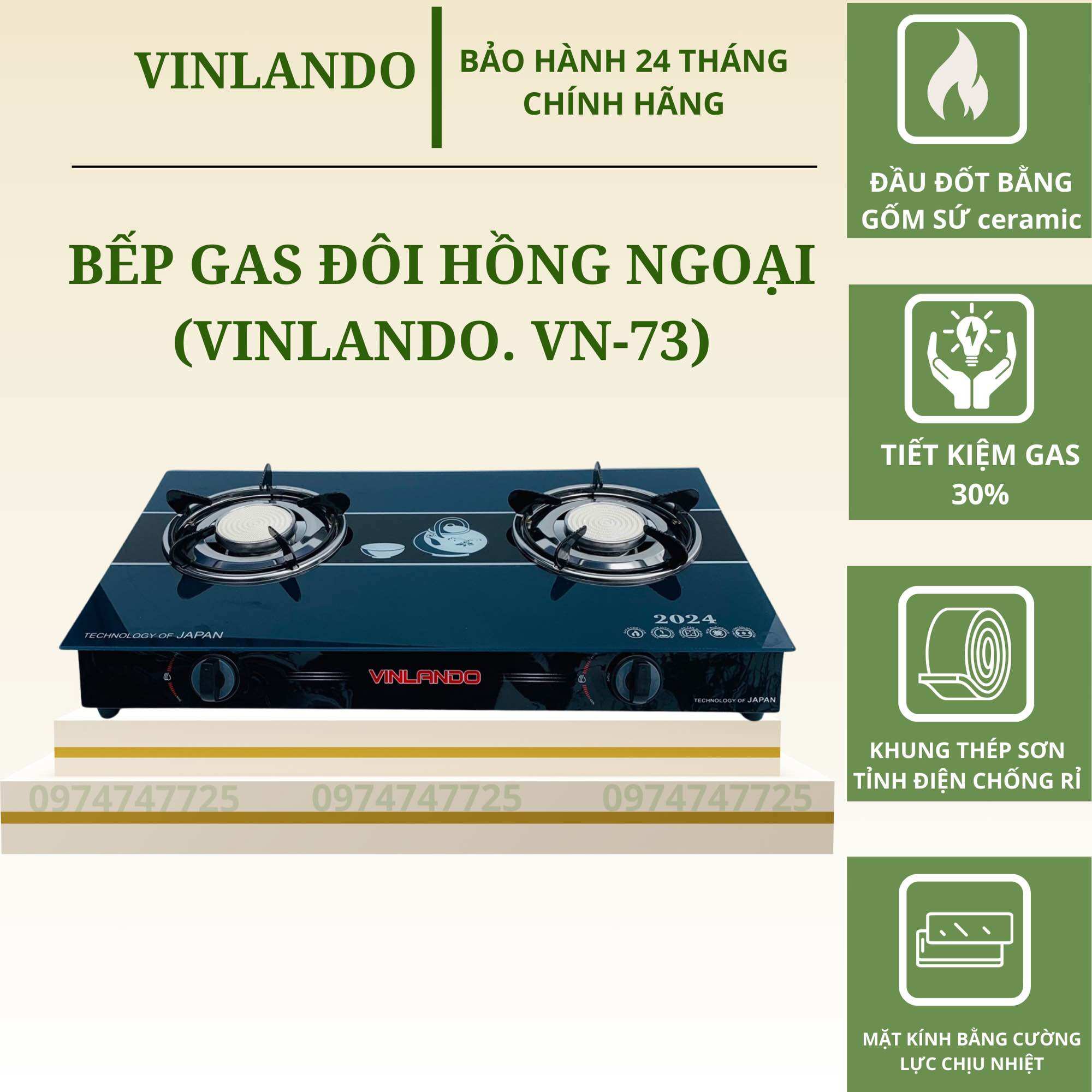 Bếp gas đôi hồng ngoại mặt kính cao cấp [VINLANDO VN73K] tiết kiệm gas