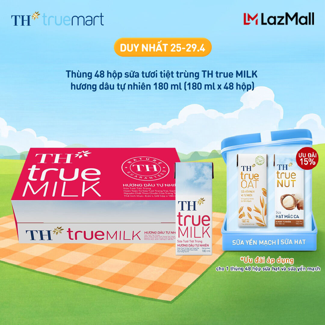 Thùng 48 hộp sữa tươi tiệt trùng TH true MILK hương dâu tự nhiên 180 ml (180 ml x 48)