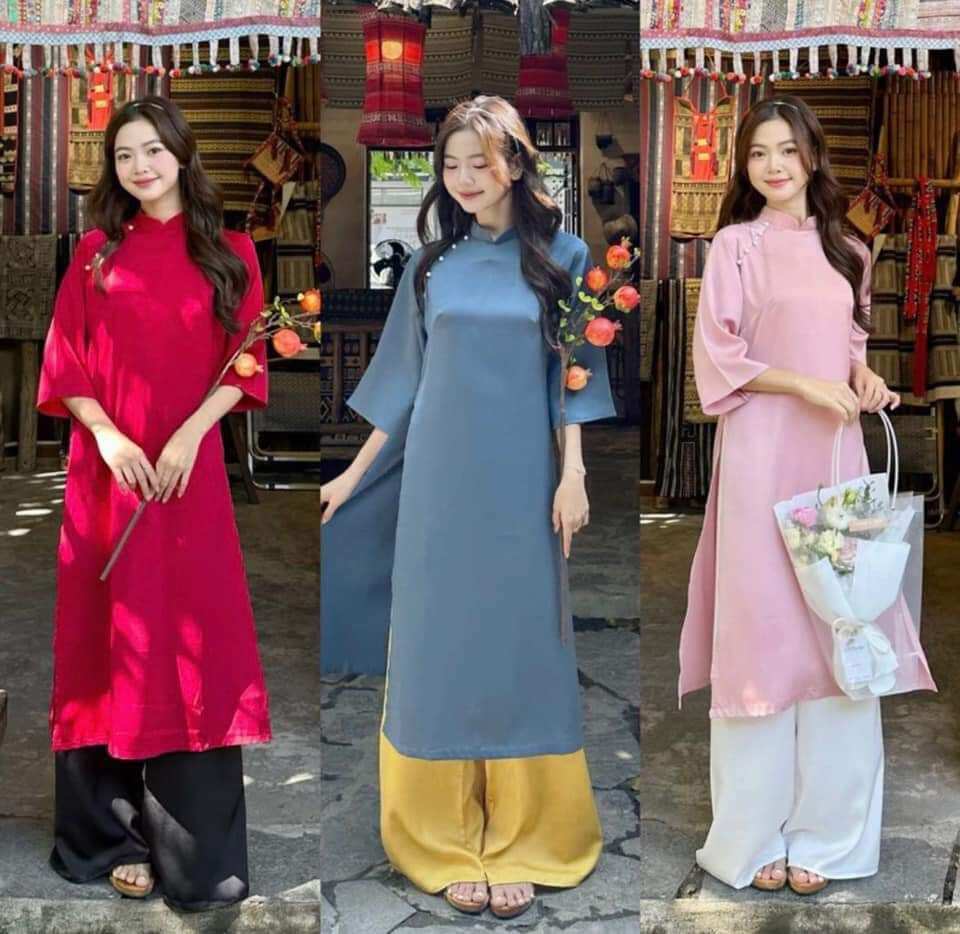 Áo Dài Cách Tân Nữ Dùng Đi Chơi Lễ Tết Kiểu Truyền Thống Màu Đỏ Xanh Trắng Vải Lụa Đính Cúc Ngọc Trẻ Đẹp- Áo Dài Mieso