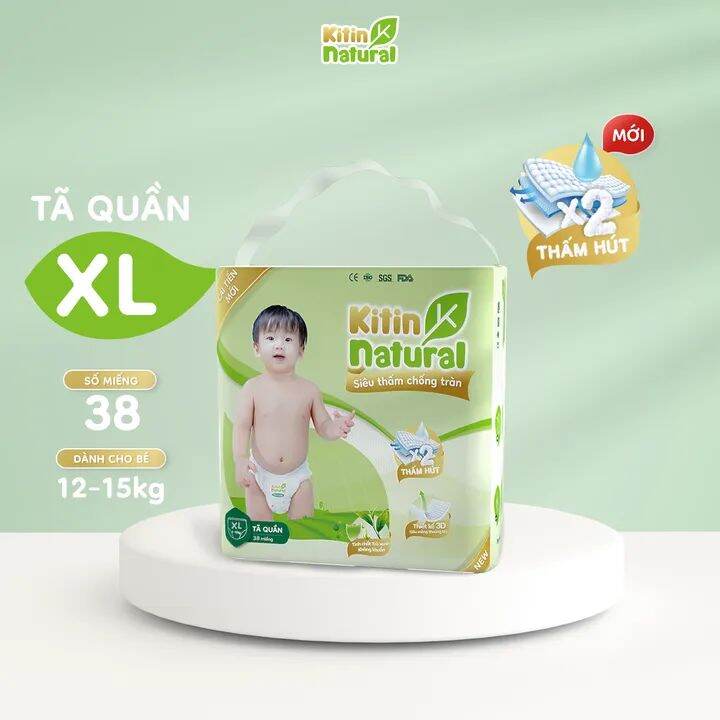Tã Quần KITIN Natural tinh chất trà xanh size XL mềm mịn, siêu thoáng, thấm hút cực tốt