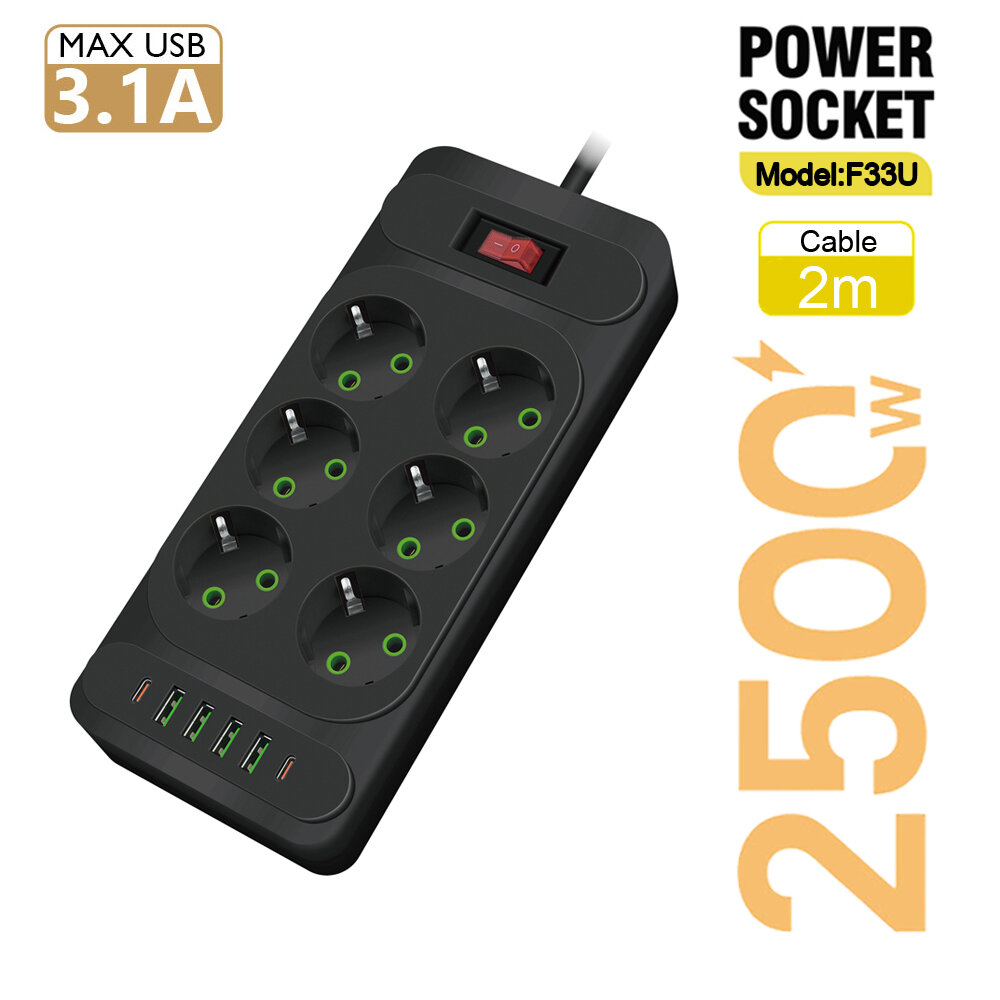 EU cắm AC Outlet Multitap Power Strip 2m dây mở rộng ổ cắm điện thông minh USB văn phòng nhà bảo vệ tăng Mạng lọc