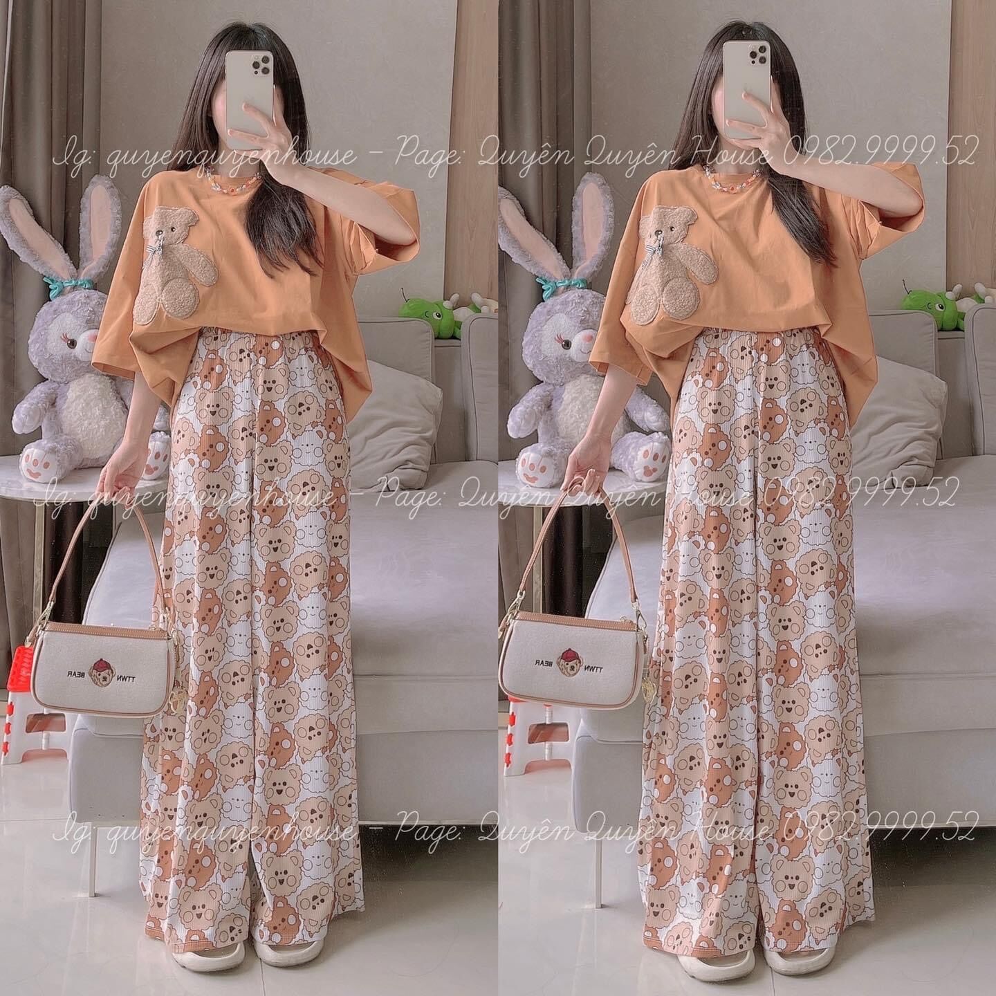 Set áo cotton gấu lông thêu quần suông in gấu