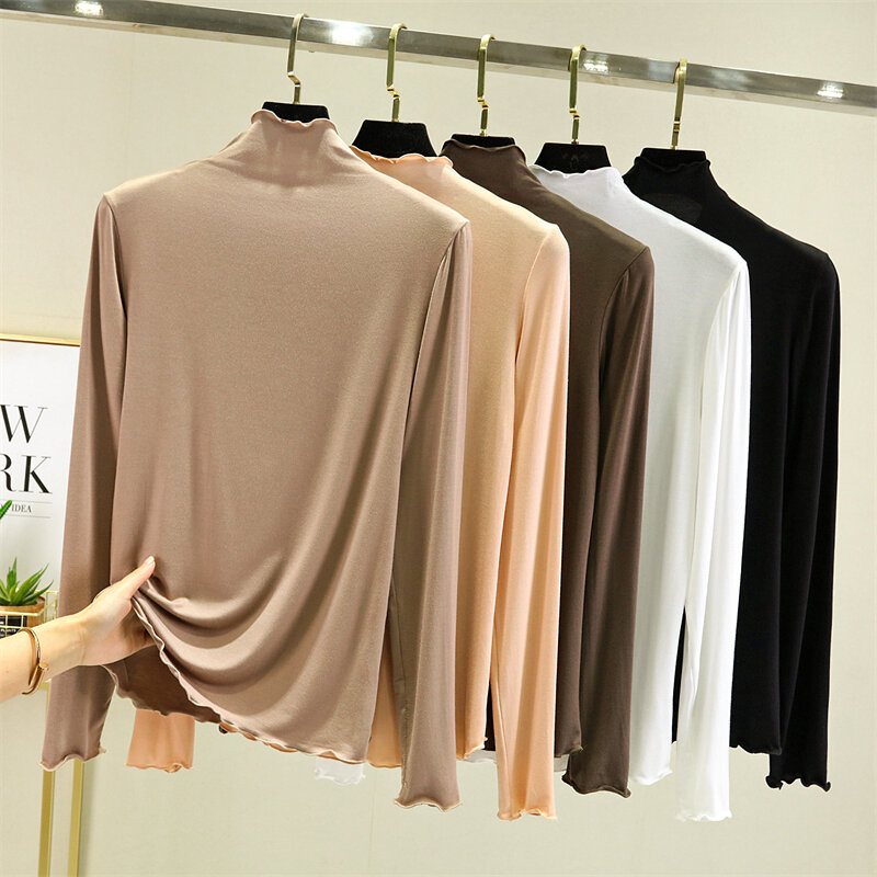 Ôm Vừa Vặn Semi-high Cổ Áo Áo Sơ Mi Cơ Sở Dài Tay Modal Nữ Áo Thun Mỏng Mùa Xuân Có Tai Gỗ Thiết Kế Để Xếp Tầng