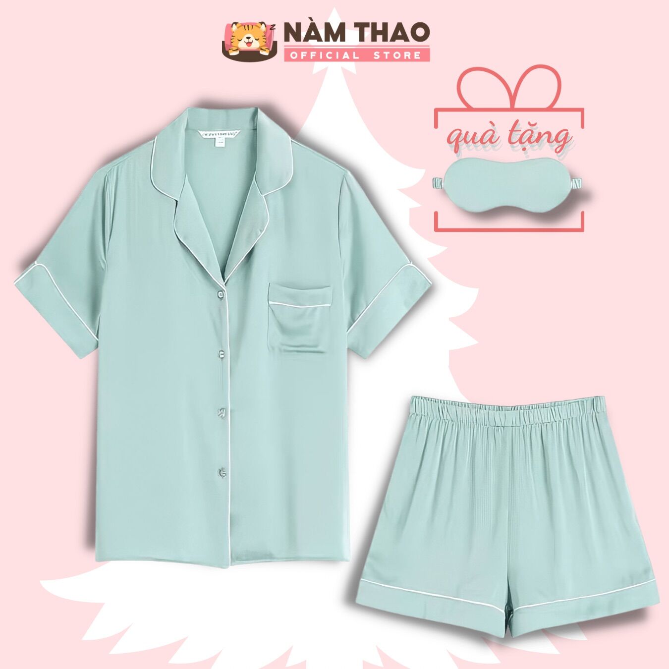 Bộ mặc nhà pyjama Nàm Thao, chất lụa satin cao cấp • Mẫu đùi cộc trơn tặng kèm bịt mắt cùng màu • Size : 40-80kg • SH40