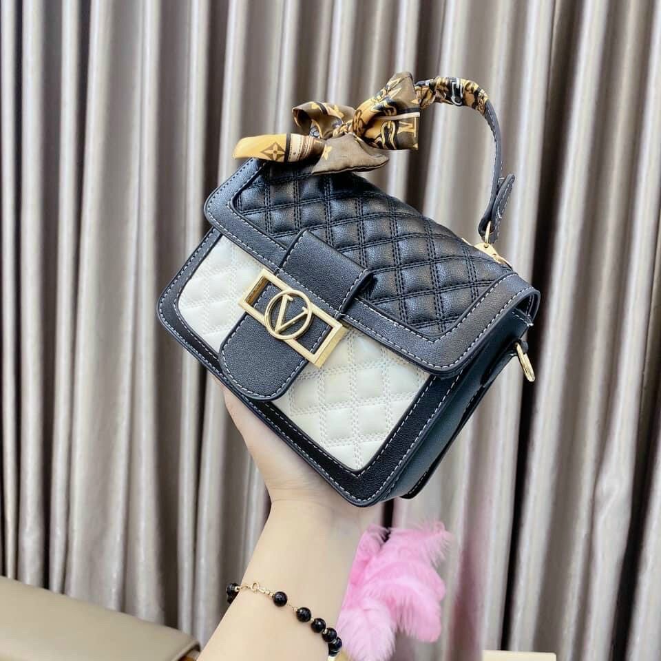 Túi xách tay đeo chéo phối 2 màu đen trắng kèm nơ size 20