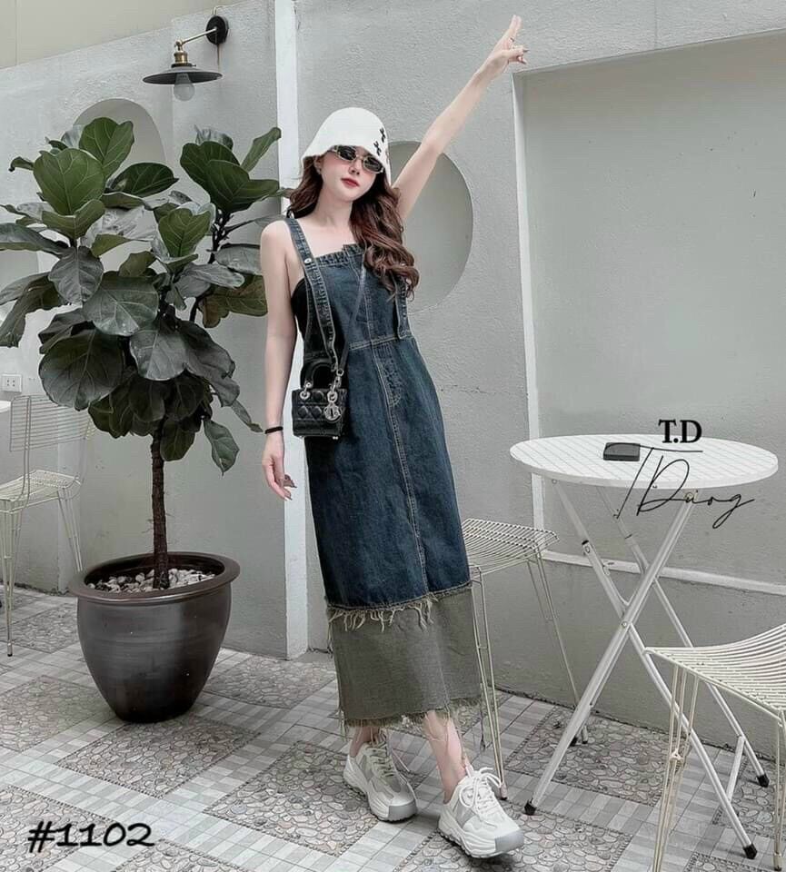 Váy yếm jean phối màu lai kiểu siêu hót