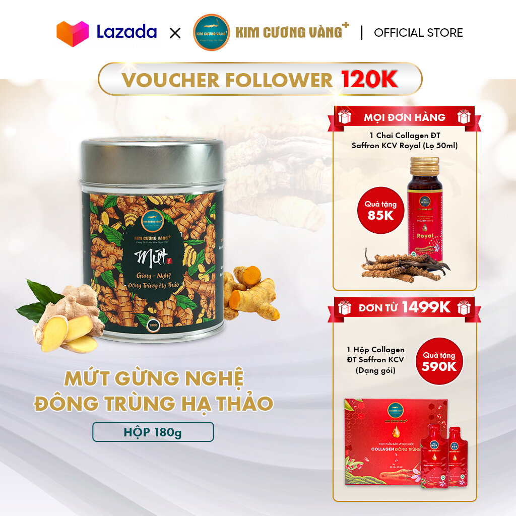 Mứt Gừng Mật Ong Đông Trùng Hạ Thảo Nghệ Tăng Đề Kháng Kim Cương Vàng Hộp 180 gram