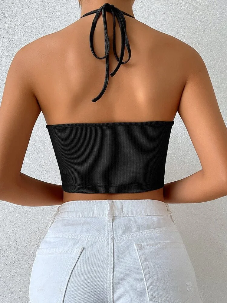 D620 Áo croptop ĐEN cổ yếm cột Eo khoét tròn rút dây