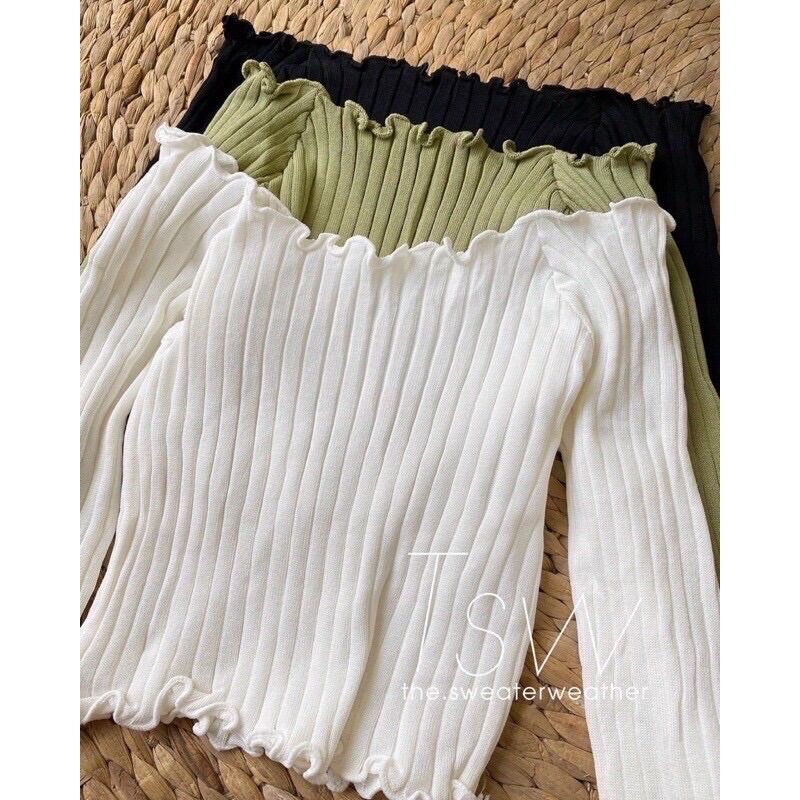 Áo Croptop Trễ Vai Dài Tay Len Mỏng