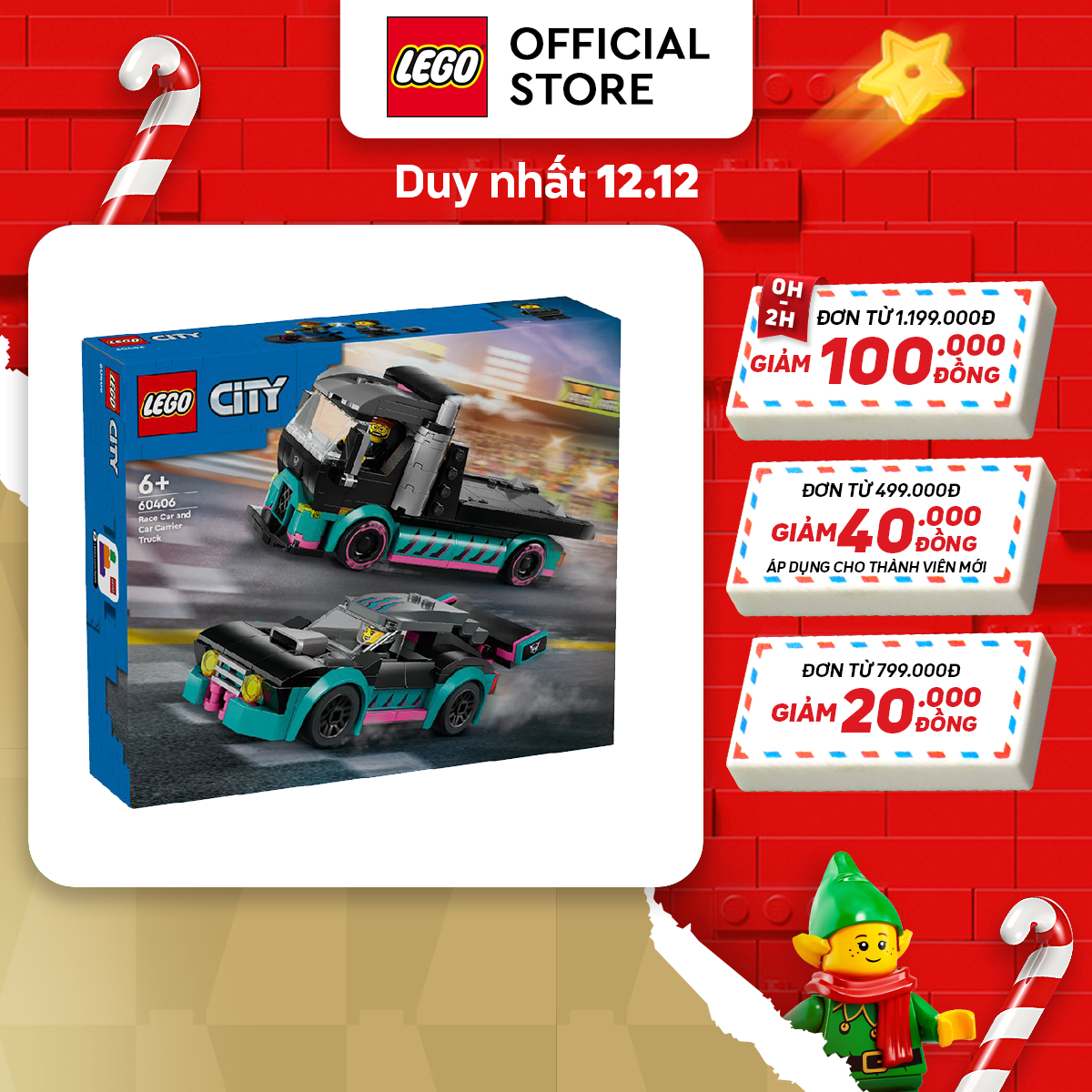 LEGO CITY 60406 Đồ chơi lắp ráp Xe tải vận chuyển xe đua (328 chi tiết)