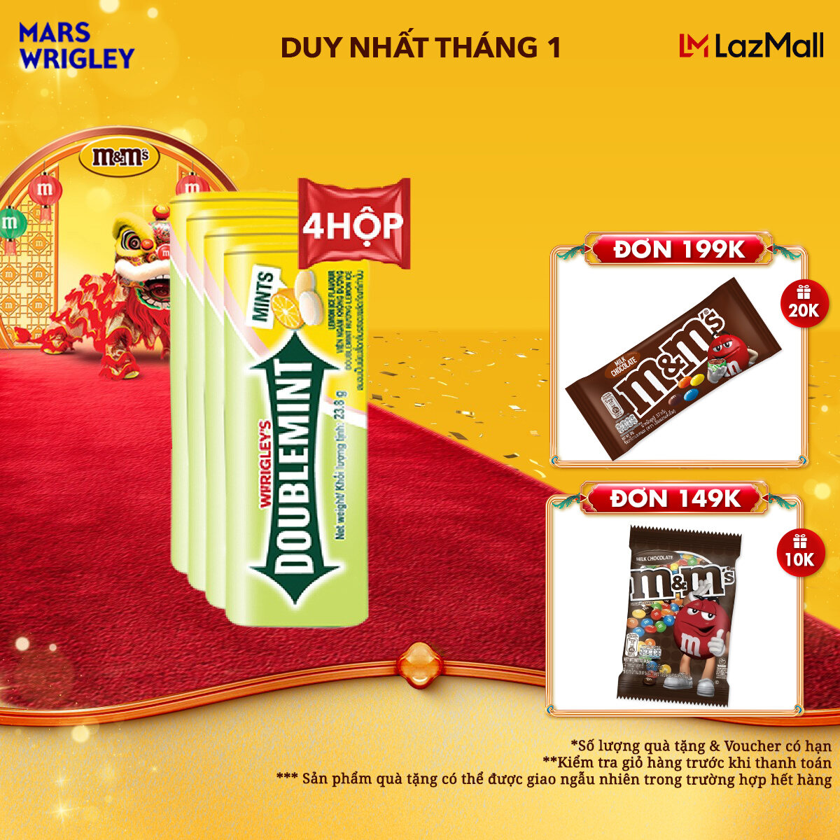 [QUÀ TẶNG Tháng 1 - Voucher đến 20K - SLCH] Combo 4 hộp viên ngậm không đường Doublemint hương chanh