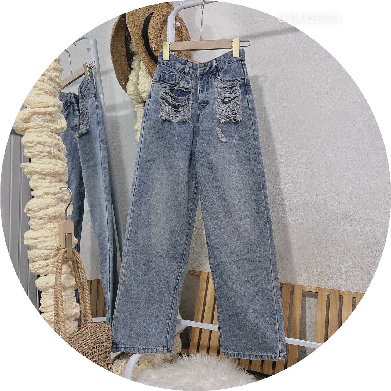 QUẦN JEANS ỐNG RỘNG NỮ LƯNG CAO RÁCH 2 MẢNG TÚI TO XANH LAI CUỐN CỰC HOT HIT SIÊU PHÁ CÁCH