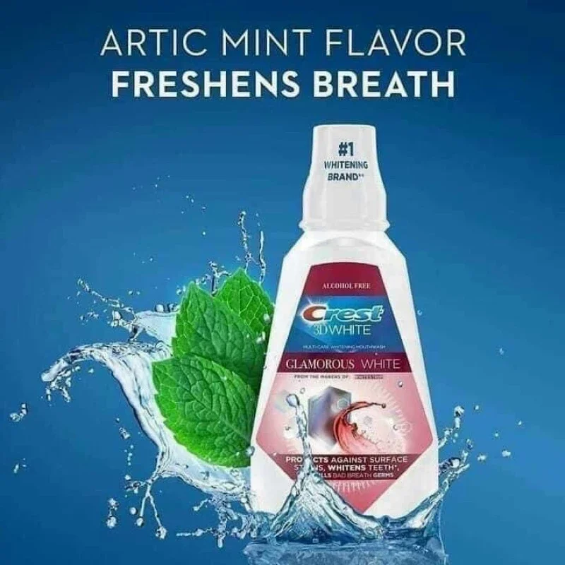 Nước súc miệng trắng răng Crest 3D White Glamorous Acohol Free clean mint chai 946ml của Mỹ