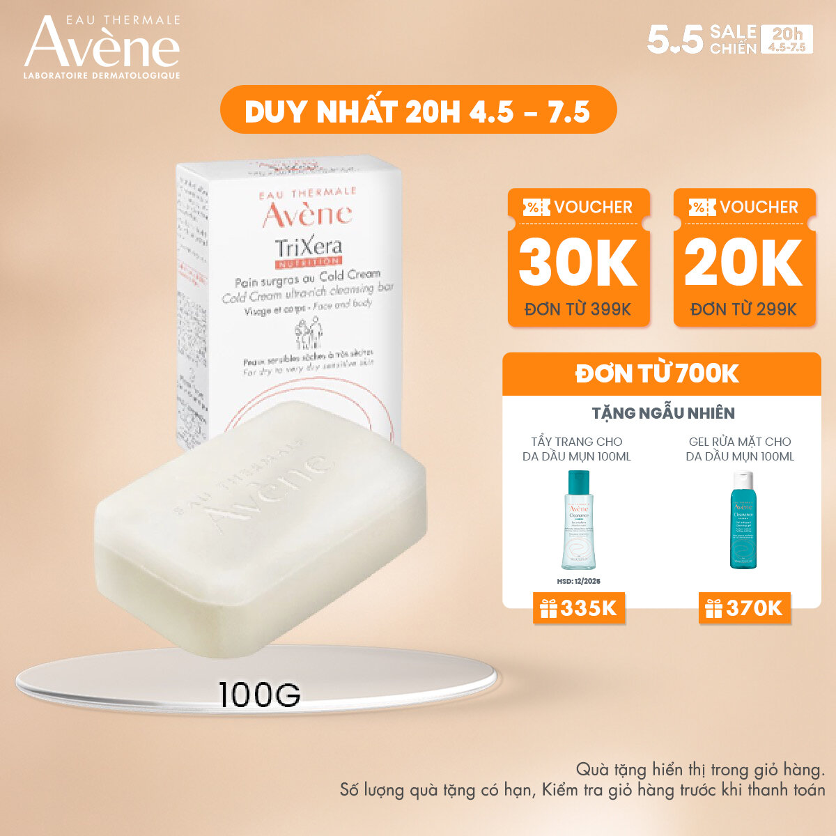 Thanh kem tắm và rửa mặt Eau Thermale Avène TRIXERA COLD CREAM CLEANSING BAR làm sạch cho da nhạy cảm đến rất khô 100g