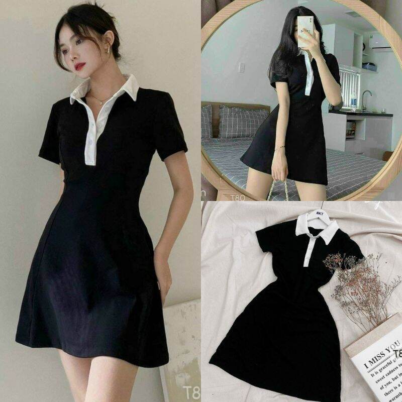 Đầm fom chữ a phối cổ trắng