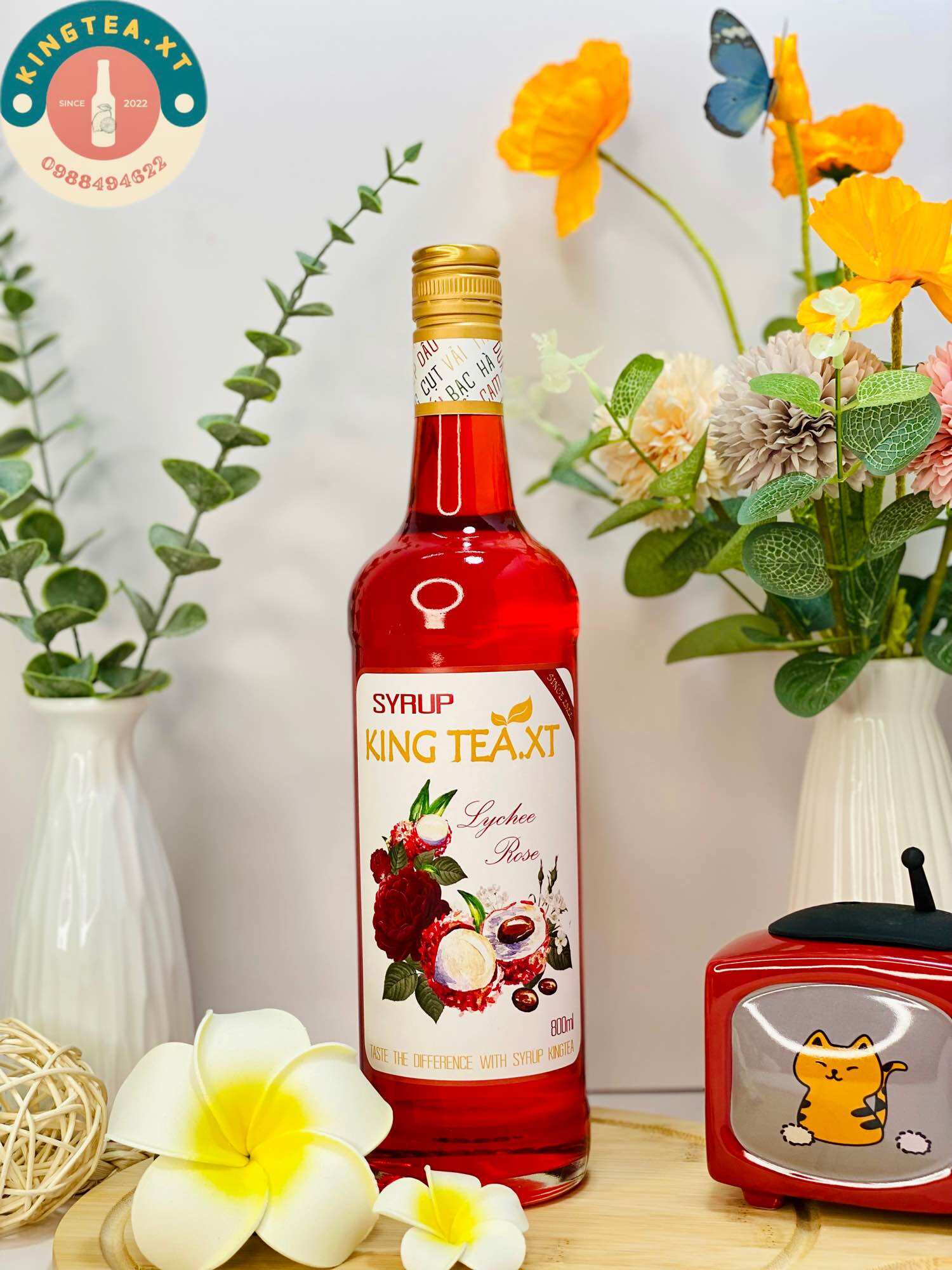 Syrup vải hoa hồng pha chế kingtea.xt- chai thủy tinh 800ml