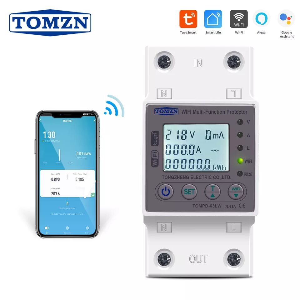Aptomat 2p công tơ điện thông minh tuya wifi ,đồng hồ đo năng lượng kwh đo sáng ngắt mạch hẹn giờ với điện áp dòng điện và bảo vệ rò rỉ