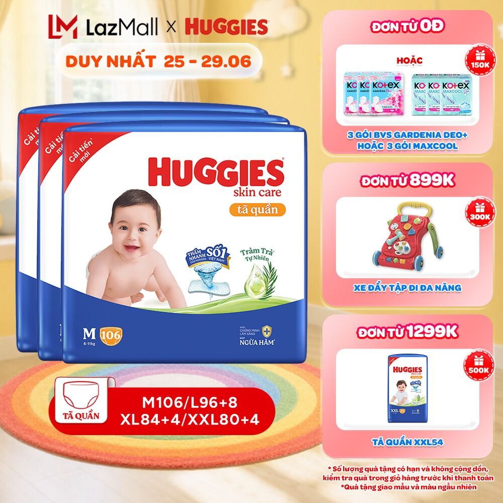 Combo 3 gói Tã quần Huggies Skincare Mega Jumbo M106/L100+4/XL84/XXL76 với tràm trà dịu da