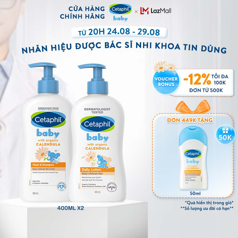 Combo Sữa tắm gội Cetaphil Baby W&S with Organic Calendula 400ml + Sữa dưỡng thể Cetaphil Baby with Organic Calendula 400ml