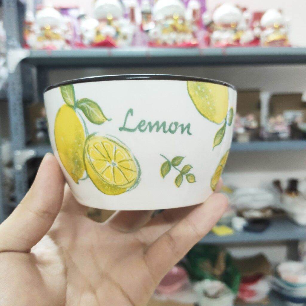 0Bát ăn cơm, chén ăn cơm sứ hình trụ họa tiết hoa quả trái cây kèm thìa sứ - bát decor phong cách Hàn Quốc