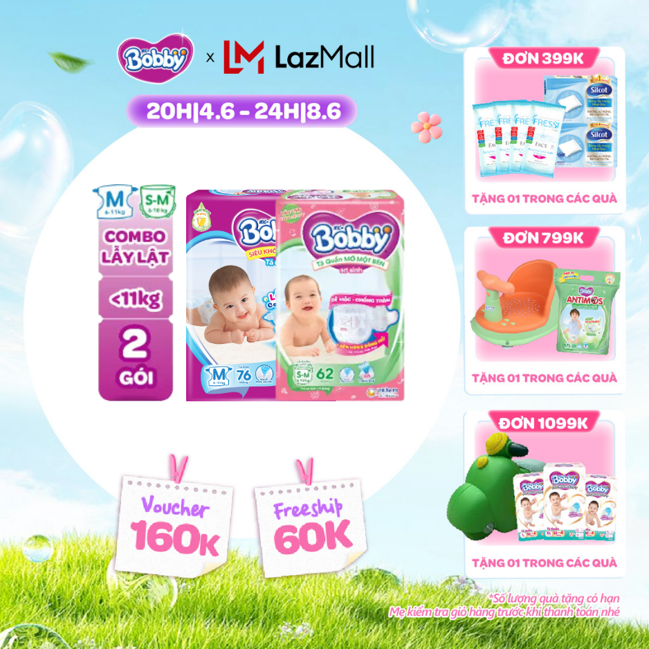 [QUÀ TẶNG HẤP DẪN TỪ 9-10.6][TẶNG MIẾNG NGẪU NHIÊN] Combo lẫy lật gồm 01 gói Tã dán Bobby M76 miếng và  01 gói Tã quần mở một bên S-M 62 miếng