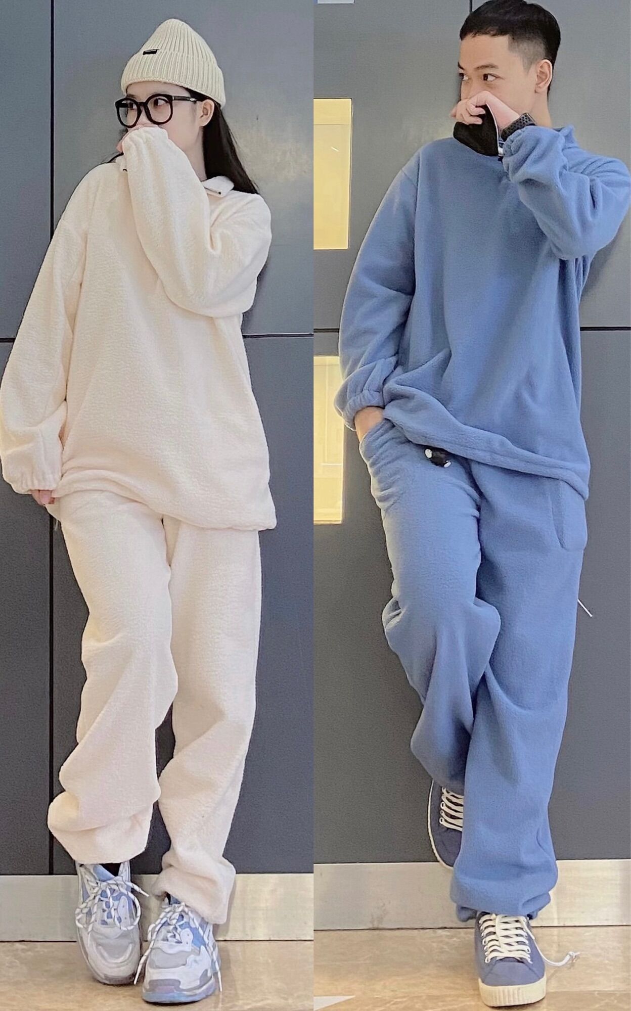 Set áo nỉ khoá kéo quần jogger nỉ màu kem
