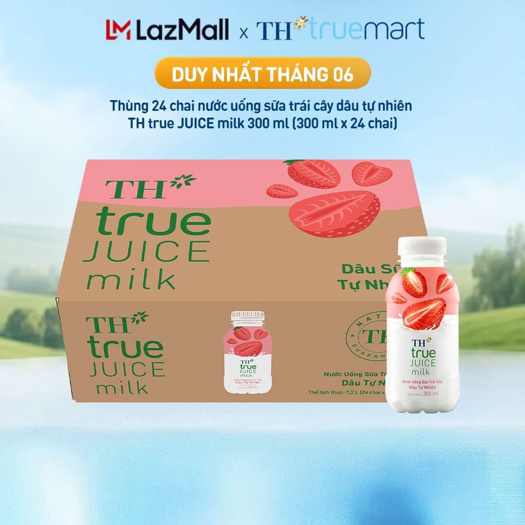Thùng 24 chai nước uống sữa trái cây TH true JUICE milk dâu tự nhiên 300 ml (300 ml x 24)
