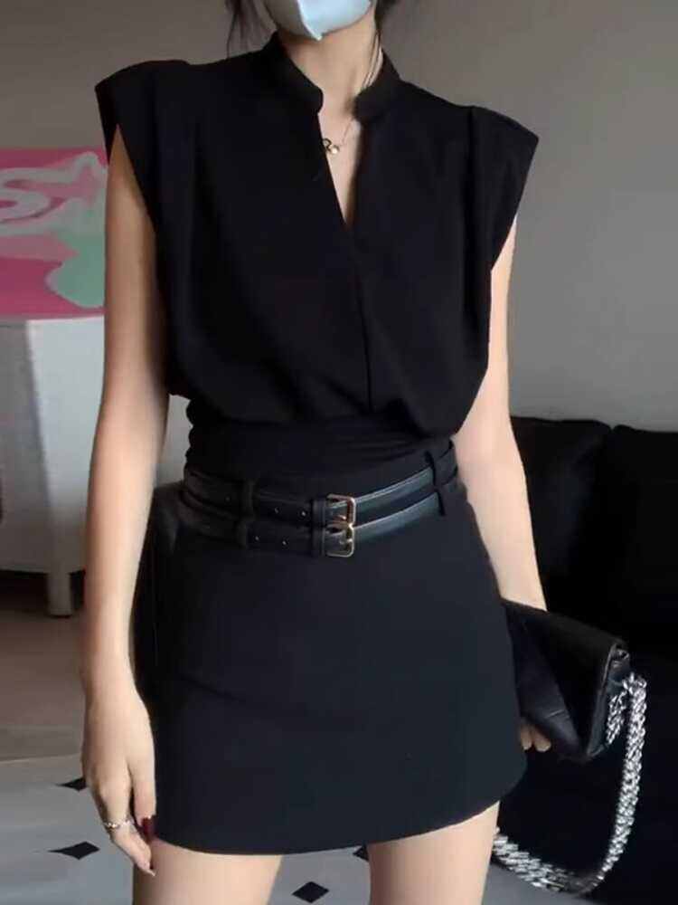 Bộ Váy Đen Thanh Lịch Bộ Váy Hai Mảnh Thời Trang Xuân 2025 Váy Ngắn Cạp Cao Áo Vest Nữ Bộ Đồ Hai Mản