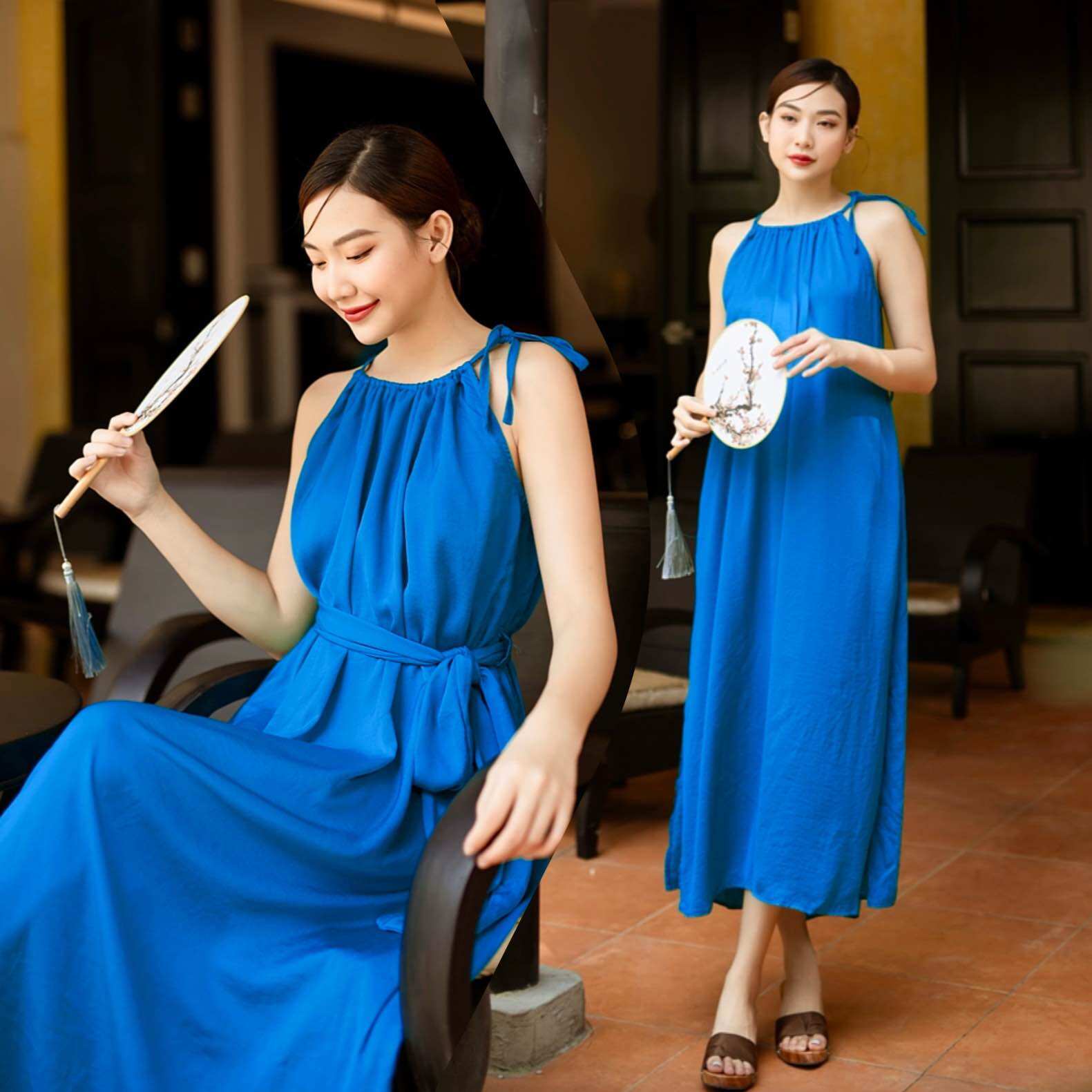 Đầm lụa suông cổ yếm kèm dây buộc eo nữ tính Infashion