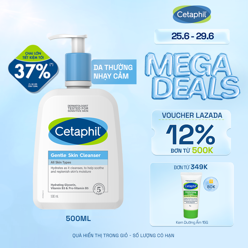[VOUCHER GIẢM ĐẾN 12%] Sữa rửa mặt dịu lành cho da nhạy cảm Cetaphil Gentle Skin Cleanser 500ml