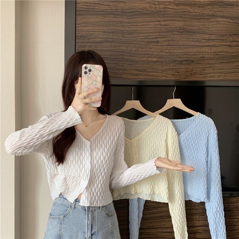 Áo cadigan croptop mỏng chất ren viền sóng phong cách hàn quốc -2709