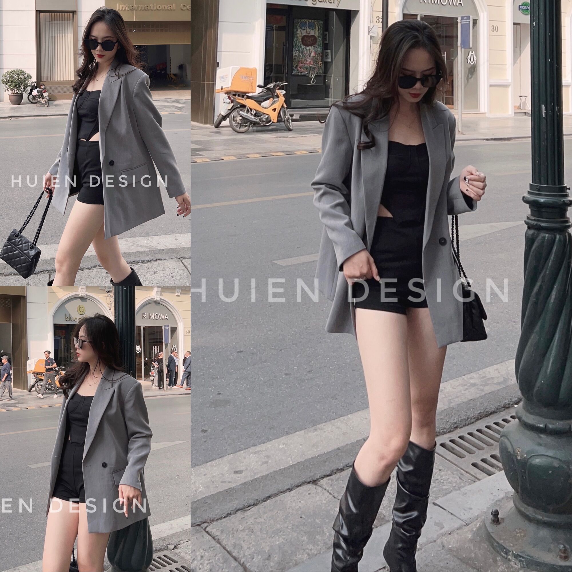 Áo blazer nữ 2 lớp dáng dài dài tay hàng thiết kế Huien Design thời trang công sở thanh lịch, áo vest nữ form suông style Hàn Quốc tone ghi xám sang trọng, cao cấp