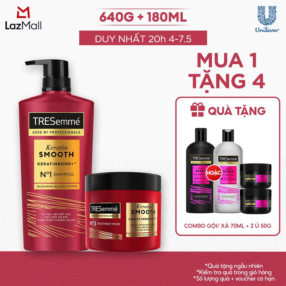 Combo Dầu Gội, Kem Ủ TRESemmé Keratin Smooth Keratinbond+ 640g, 180ml Cho Tóc Khô Xơ Rối Vào Nếp Suôn Mượt