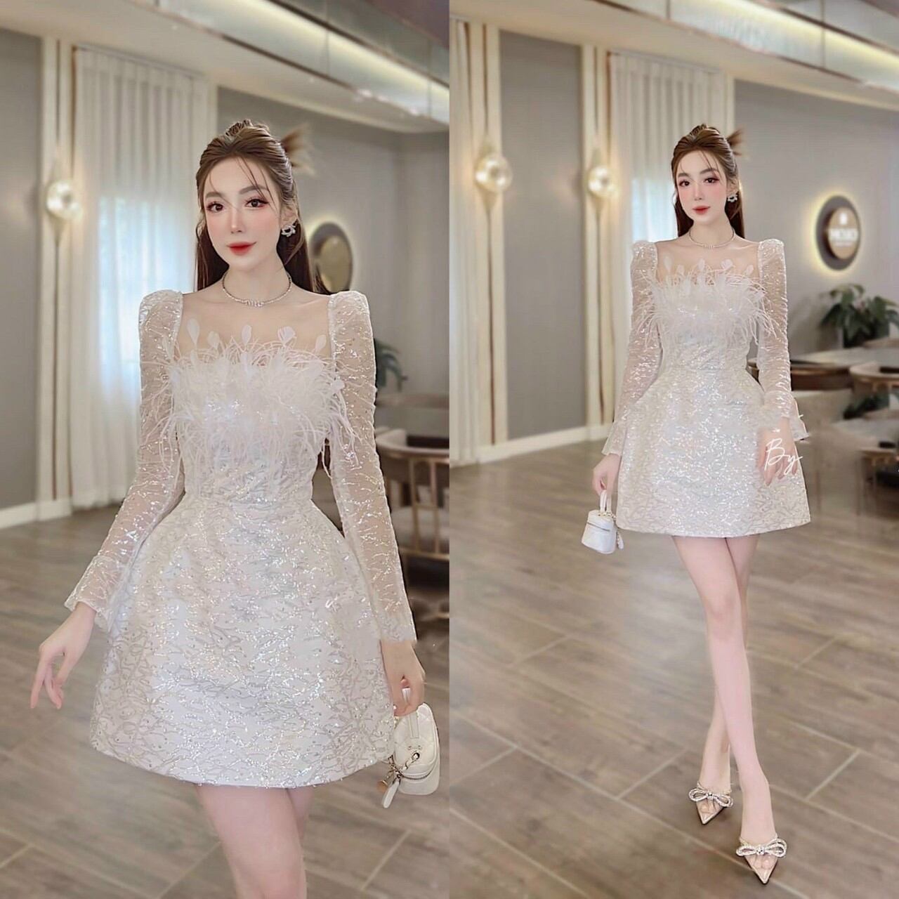 Đầm kim sa tay phồng kết đá lông đà điểu