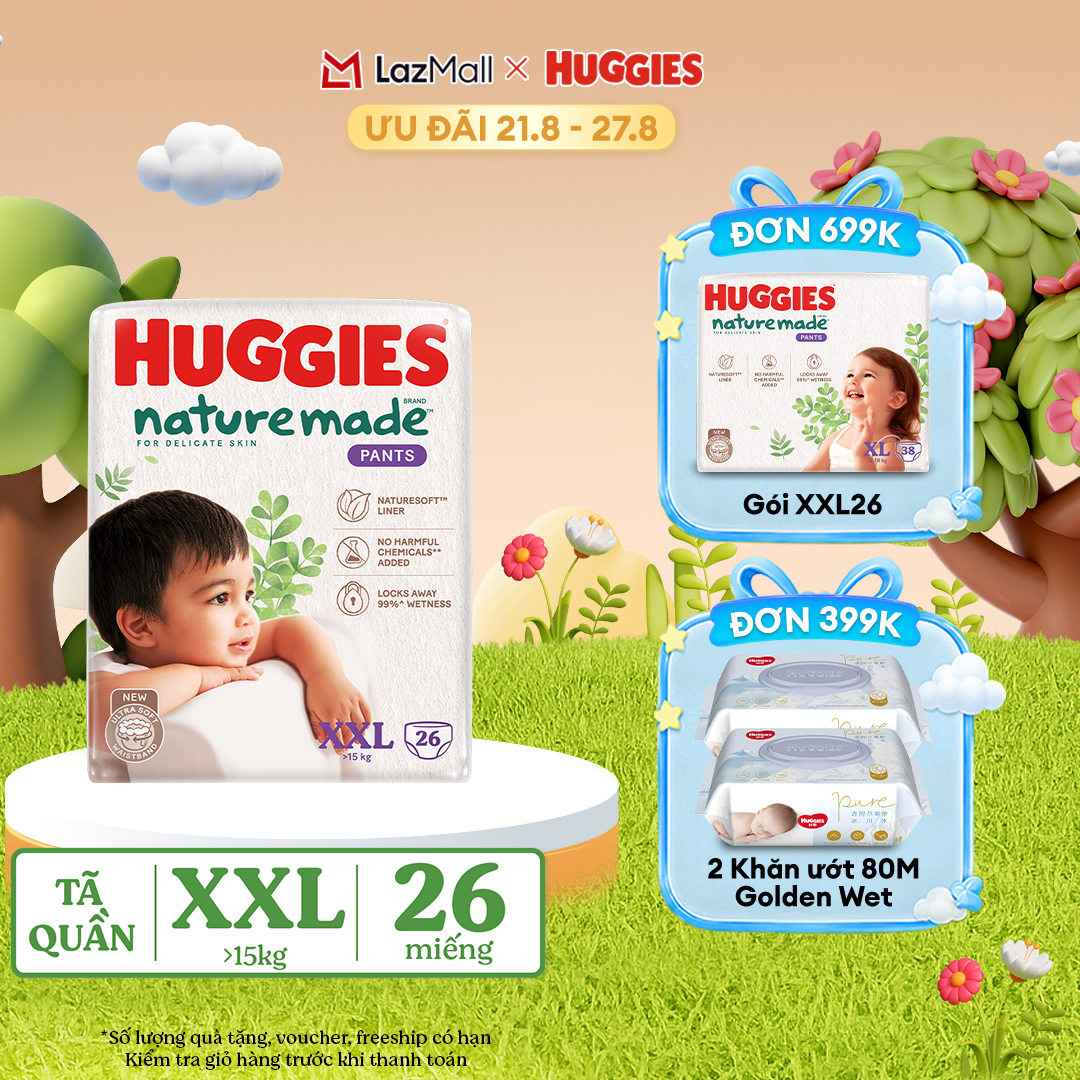 [17-24.08 QUÀ TẶNG ĐƠN 399K] Tã/Bỉm quần HUGGIES PLATINUM NatureMade XXL26 (Trên 15kg)-Gói Jumbo 26 miếng