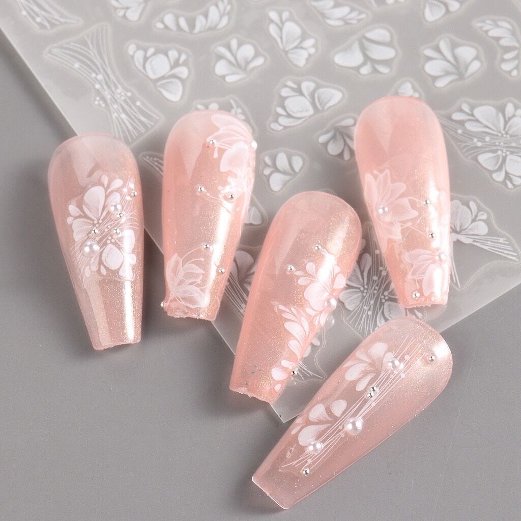 Sticker dán móng tay nail hoa Trắng loang sắc nét