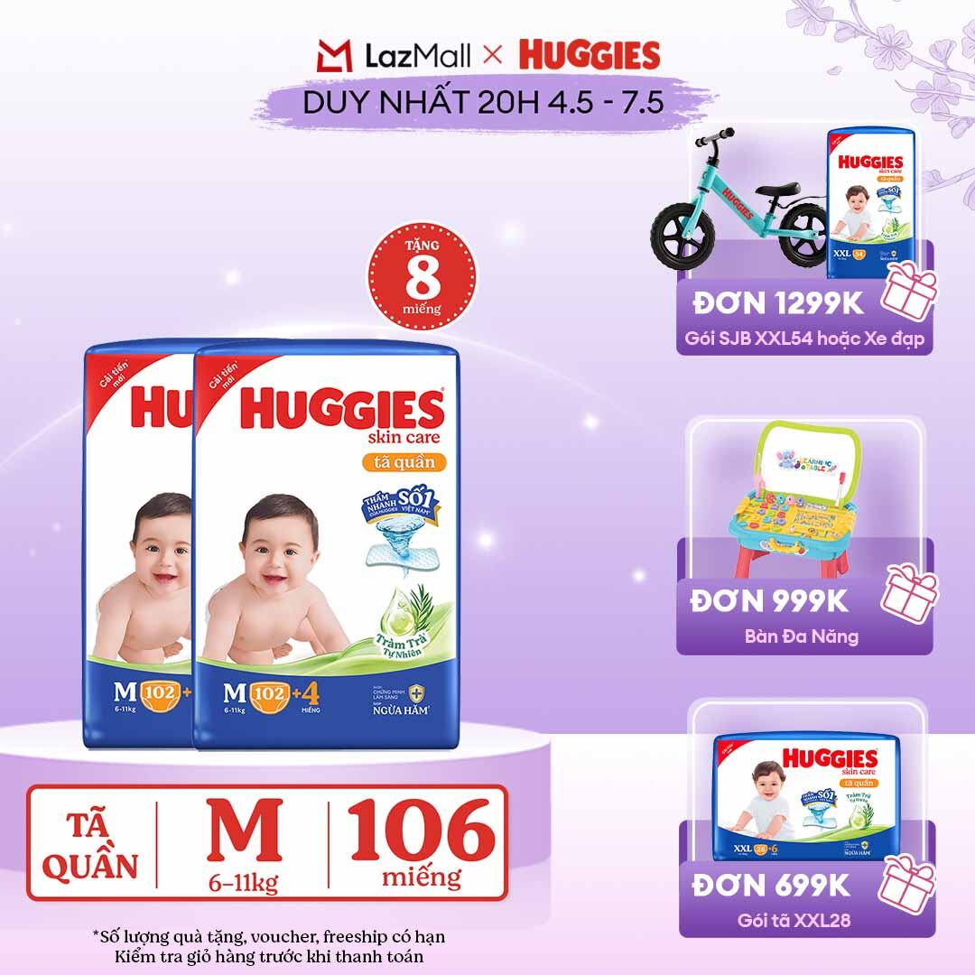 [CHỈ 20h 04-07.05 GIẢM THÊM 90K] Combo 2 Gói Tã/bỉm quần HUGGIES SKINCARE MEGA JUMBO size M102+4 miếng