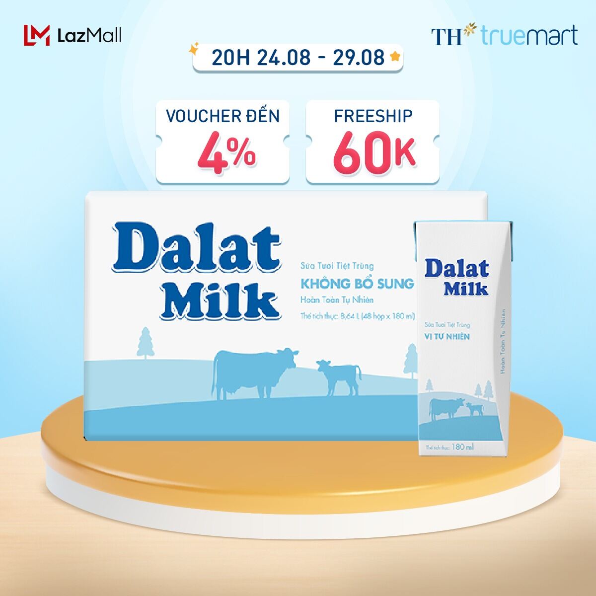 Thùng 48 hộp sữa tươi tiệt trùng Dalatmilk vị tự nhiên 180 ml