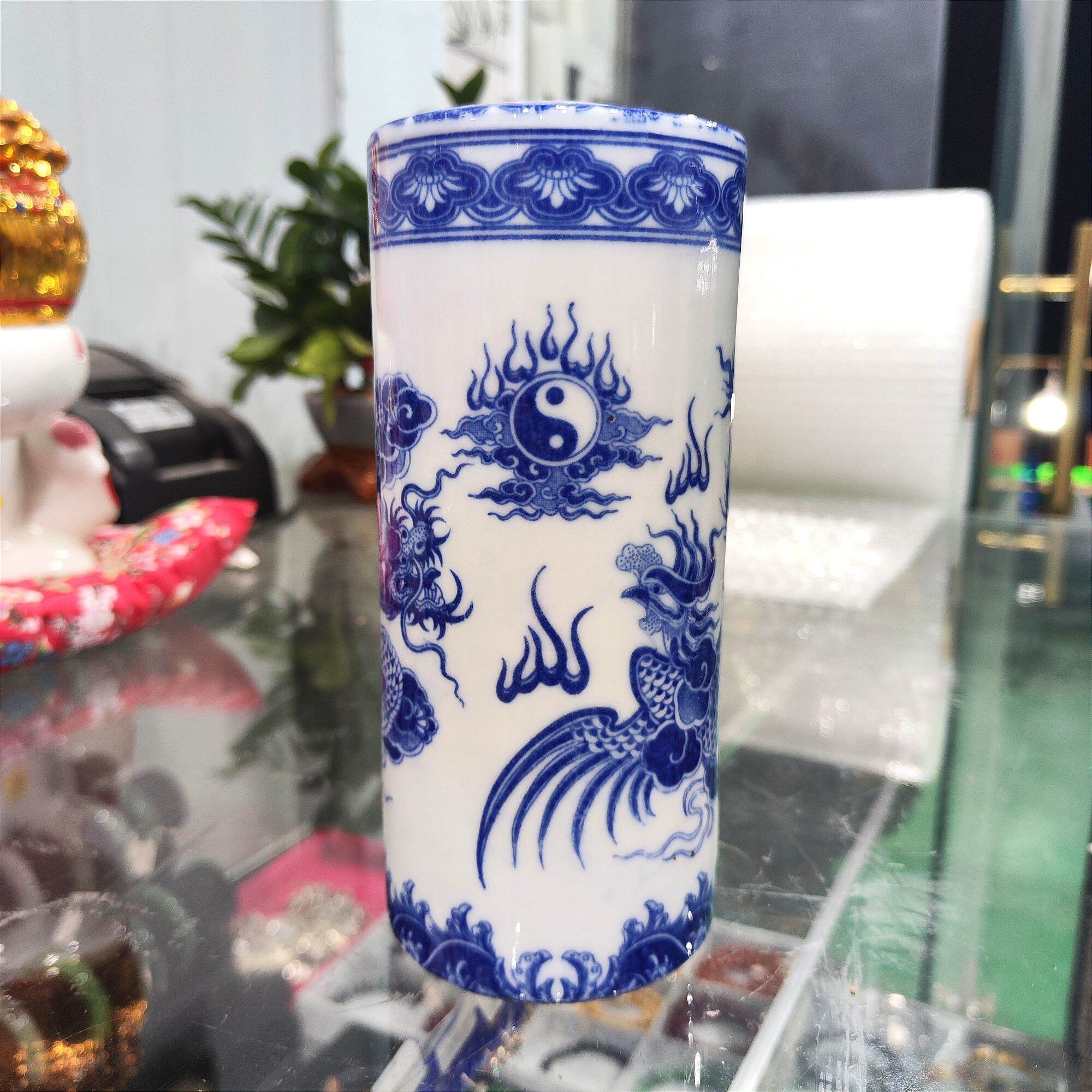 Ống Đựng Nhang Gốm Sứ Men Lam Cao 17cm